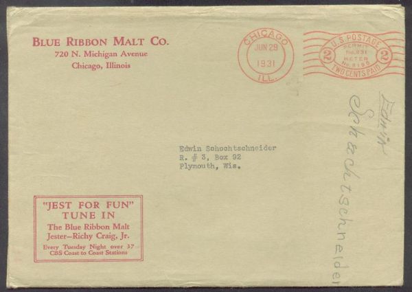 1931 Blue Ribbon Malt Mailing Envelope